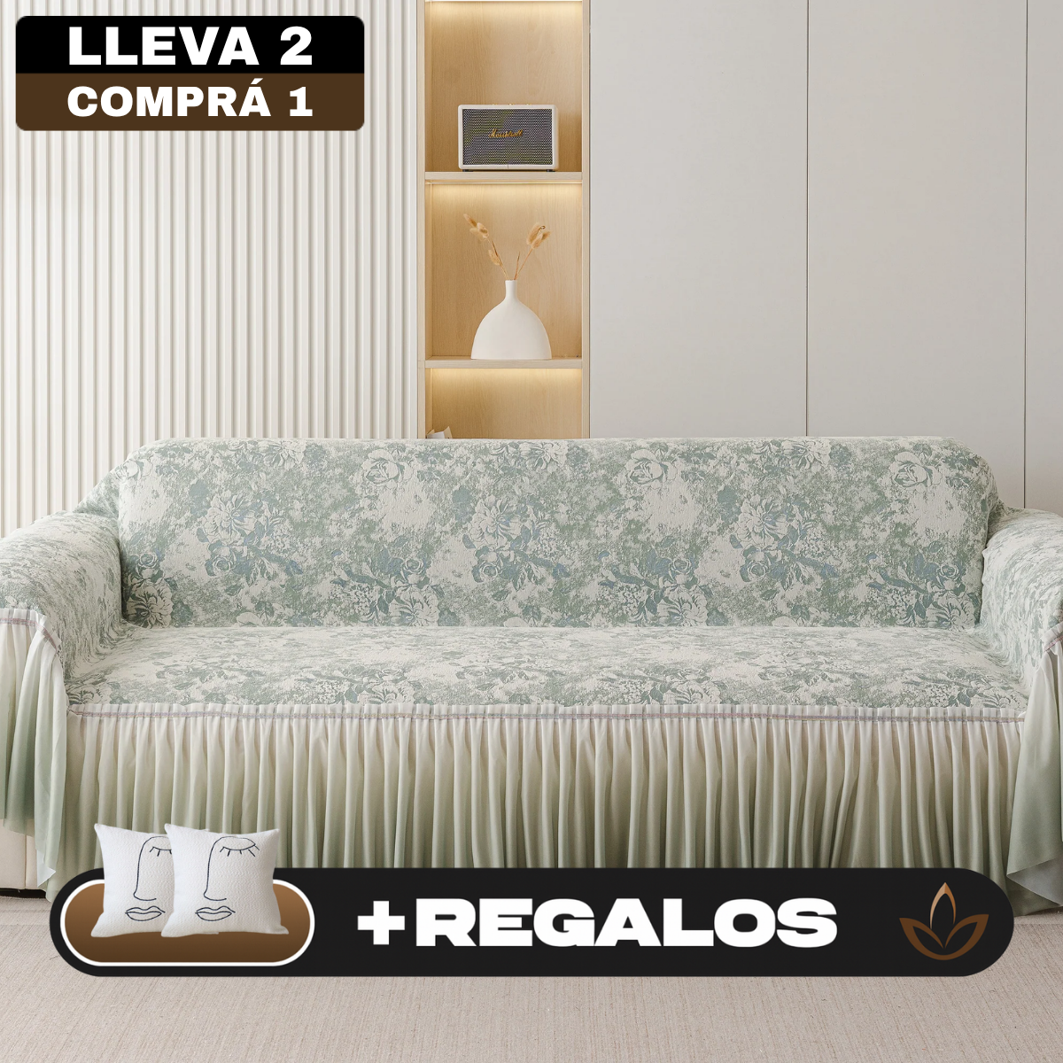 [Llevá 2 Pagá 1] Funda para Sofá Vera de Algodón y Viscosa con Estampa Elegante y Faldones Laterales +REGALO: 2 Almohadas