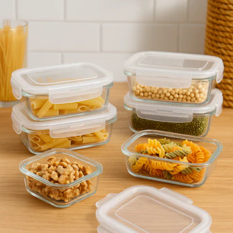 Conjunto de Recipientes Organizadores de Vidrio Templado con Tapa Antiderrame +REGALO: Porta Condimentos