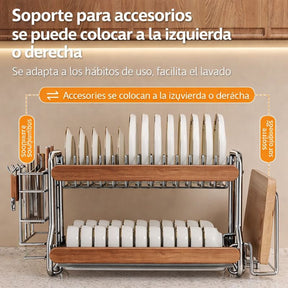 Escurridor Multifuncional de Acero Inoxidable y Madera (¡Moderno y Elegante!) +REGALO: Kit de Utensilios de Cocina