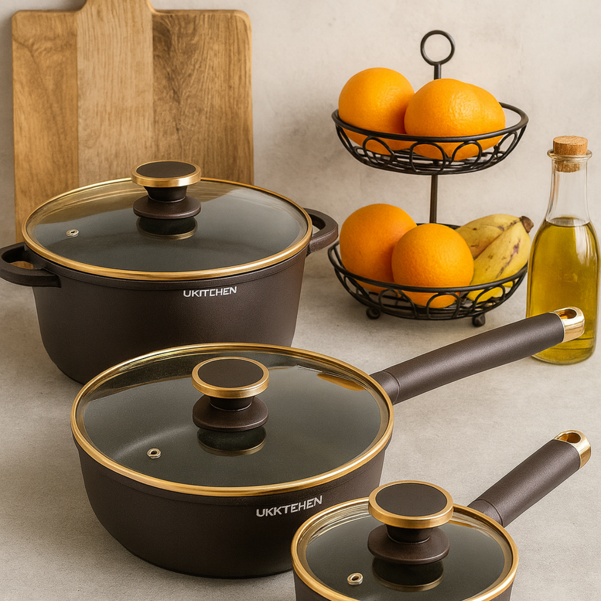 Conjunto Completo de 3 Ollas en Acero Inox Antideslizante con Mango de Madera +REGALO: Kit de Utensilios de Cocina