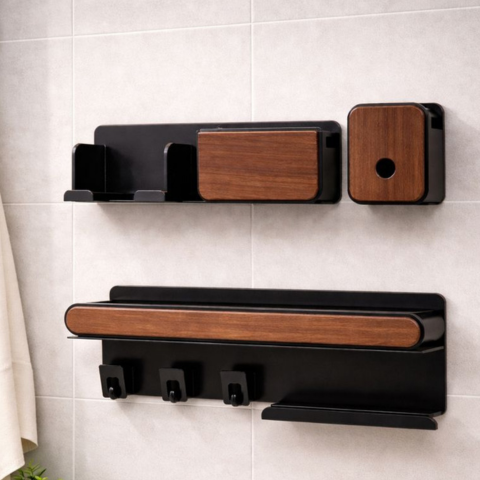 Set de 3 Organizadores de Baño de Madera y Acero Inoxidable con Divisiones Inteligentes