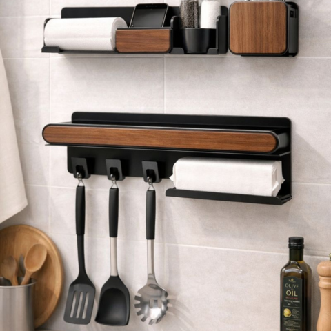 Set de 3 Organizadores de Baño de Madera y Acero Inoxidable con Divisiones Inteligentes