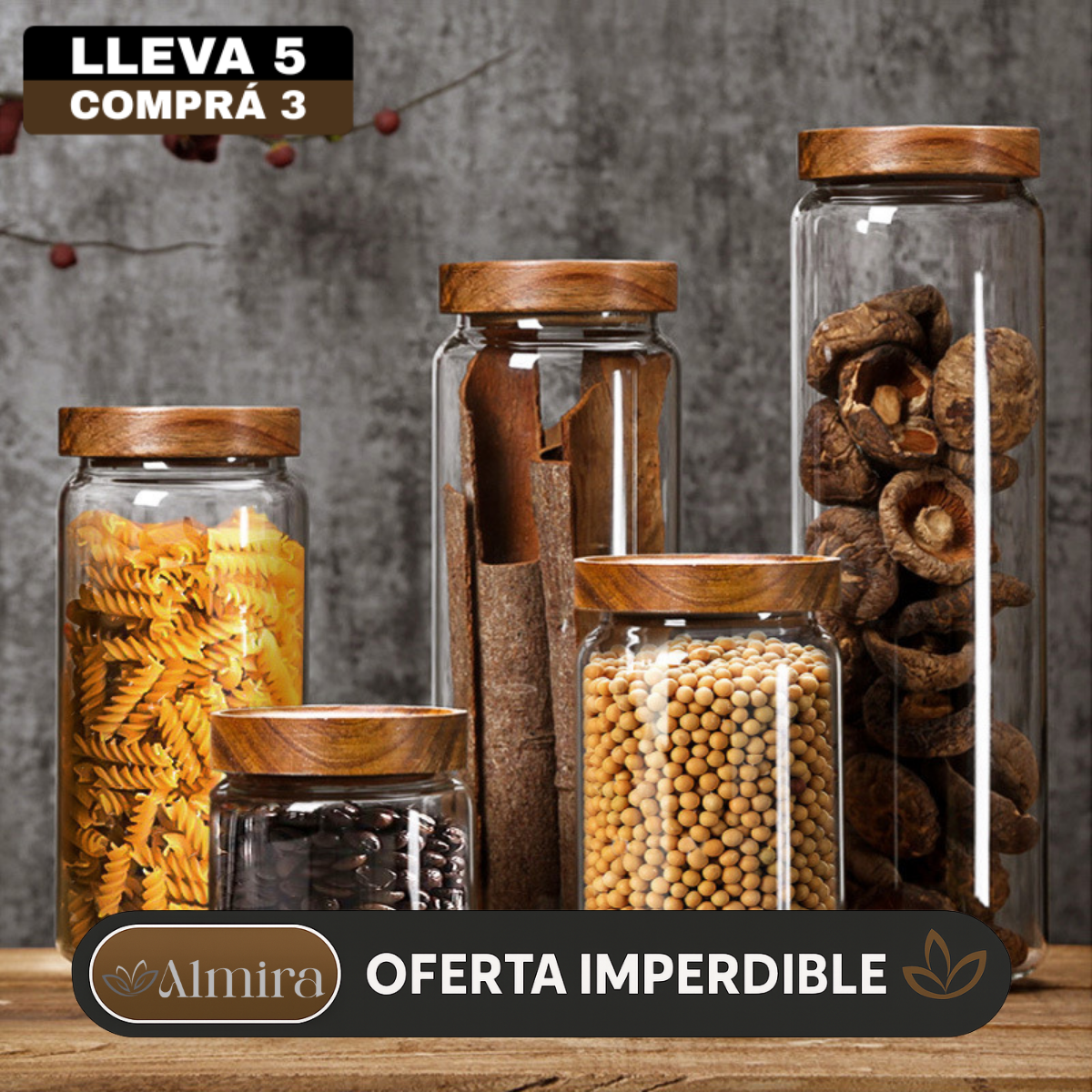 Conjunto de Potes Herméticos Organizadores en Vidrio con Tapa de Roble de Alta Hermeticidad
