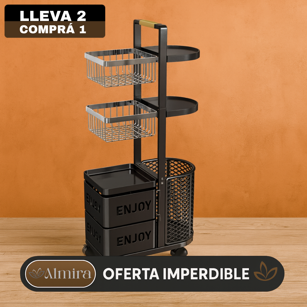 [Llevá 2 Pagá 1] Frutera Organizadora Inox Multiuso con Rueditas 5 Niveles y Canastos Deslizantes