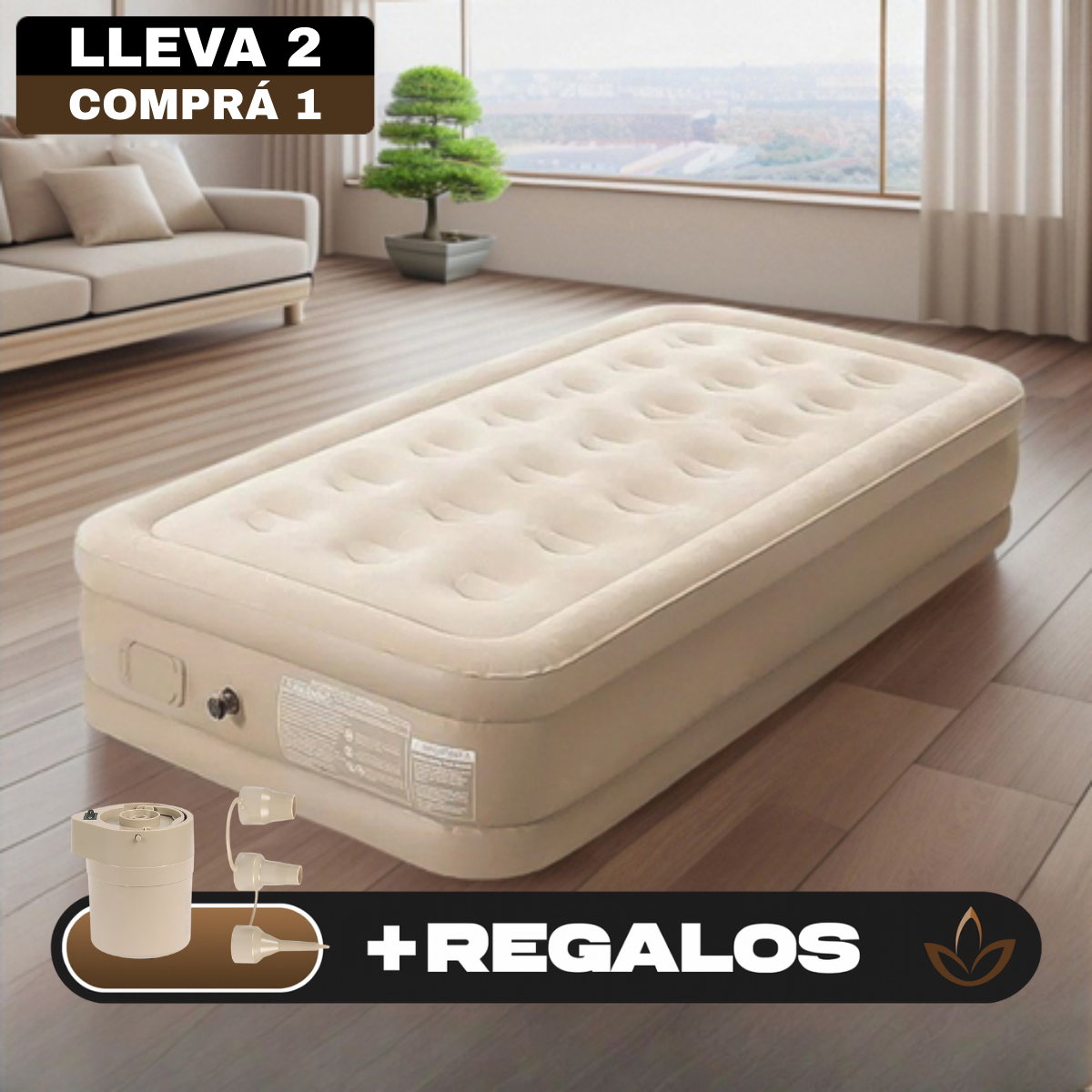 [Llevá 2 Pagá 1] Colchón Portátil de Una Plaza con Triple Revestimiento y Antidesgarro +REGALO: Bomba de Aire Eléctrica