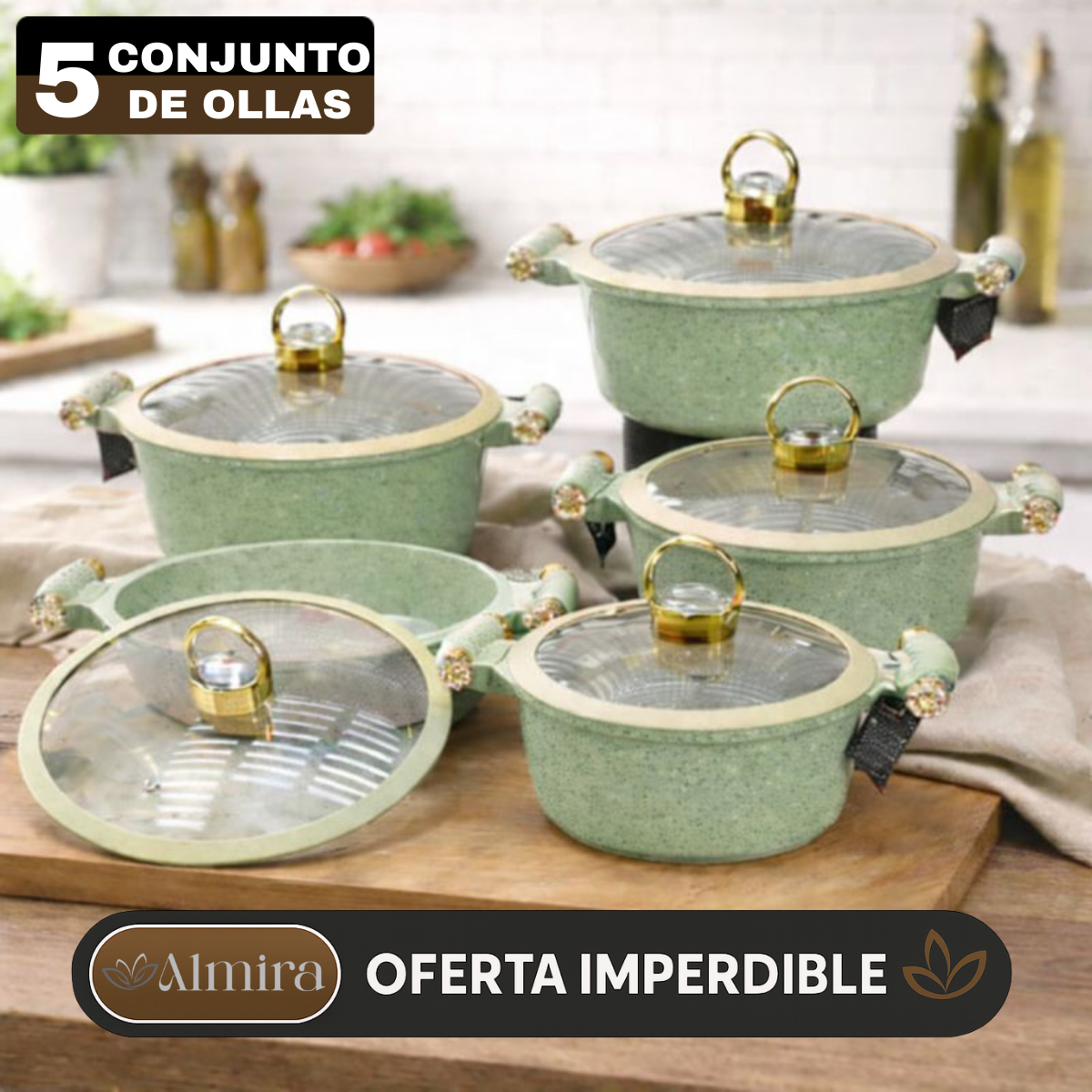 Juego de 5 Ollas de Cerámica Antiadherente con Triple Revestimiento (¡Cociná más rápido y con mucho menos desorden!)