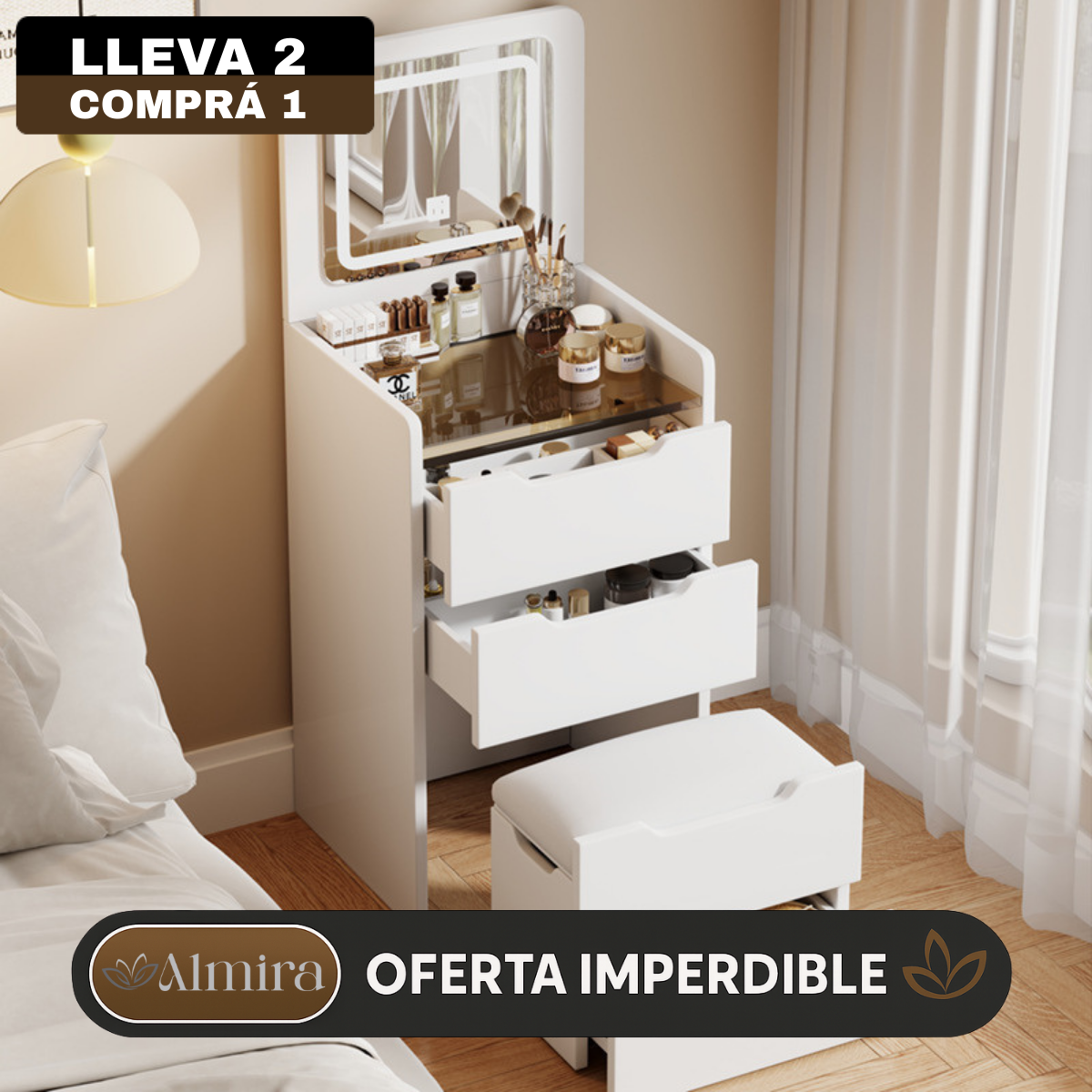 [Llevá 2 Pagá 1] Organizador Multifuncional de 2 Niveles con Espejo LED y Banquito Baúl