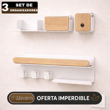 Set de 3 Organizadores de Baño de Madera y Acero Inoxidable con Divisiones Inteligentes