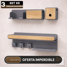 Set de 3 Organizadores de Baño de Madera y Acero Inoxidable con Divisiones Inteligentes