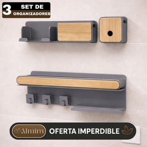 Set de 3 Organizadores de Baño de Madera y Acero Inoxidable con Divisiones Inteligentes