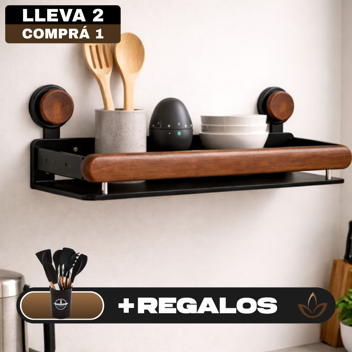 [Llevá 2 Pagá 1] Soporte para Especias de Cocina en Madera y Acero Inoxidable +REGALO: Kit de Utensilios de Cocina