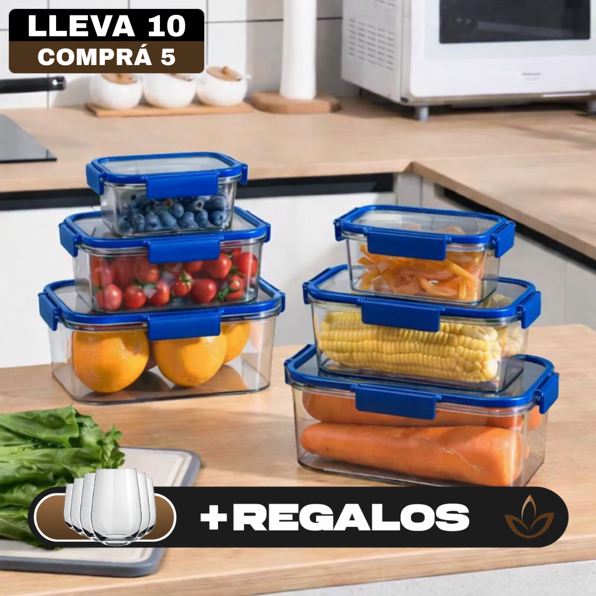 [Llevá 10, pagá 5] Frascos Herméticos de Vidrio Templado con Tapa Hermética +REGALO: 5 Vasos de Vidrio Long Drink