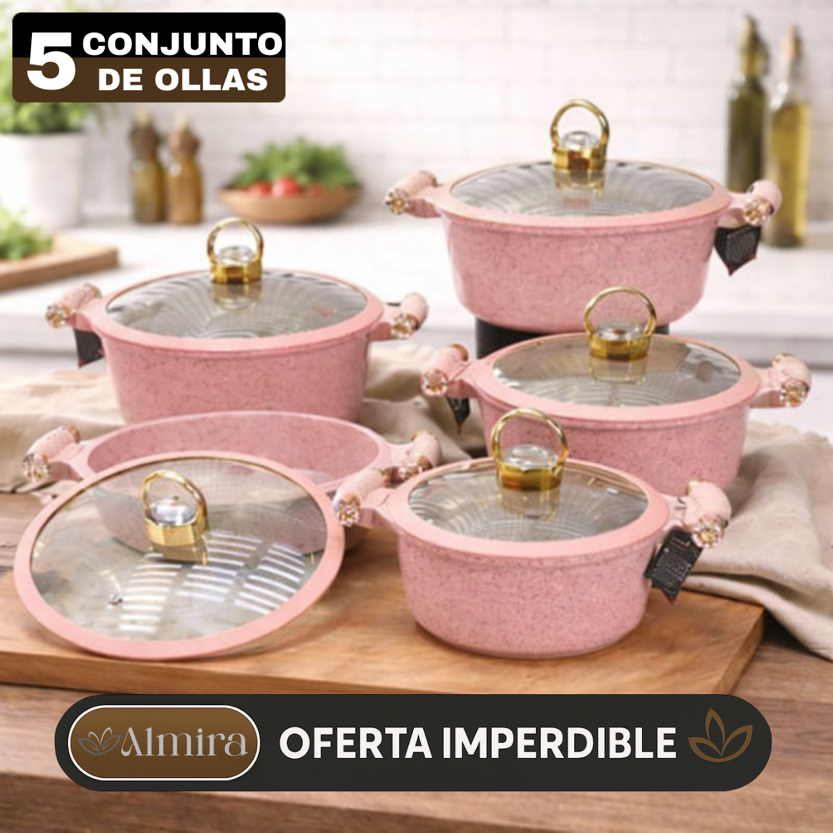 Juego de 5 Ollas de Cerámica Antiadherente con Triple Revestimiento (¡Cociná más rápido y con mucho menos desorden!)