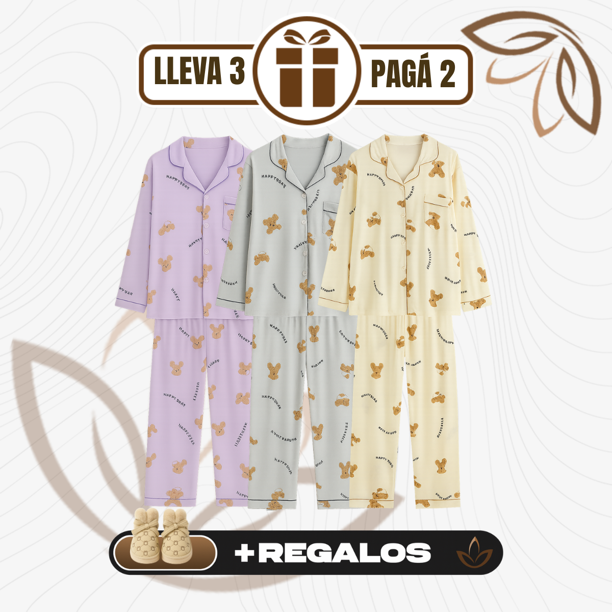 [Llevá 3 Pagá 2] Pijamas Femeninos en Seda Hielo y Algodón + REGALO: Par de Pantuflas